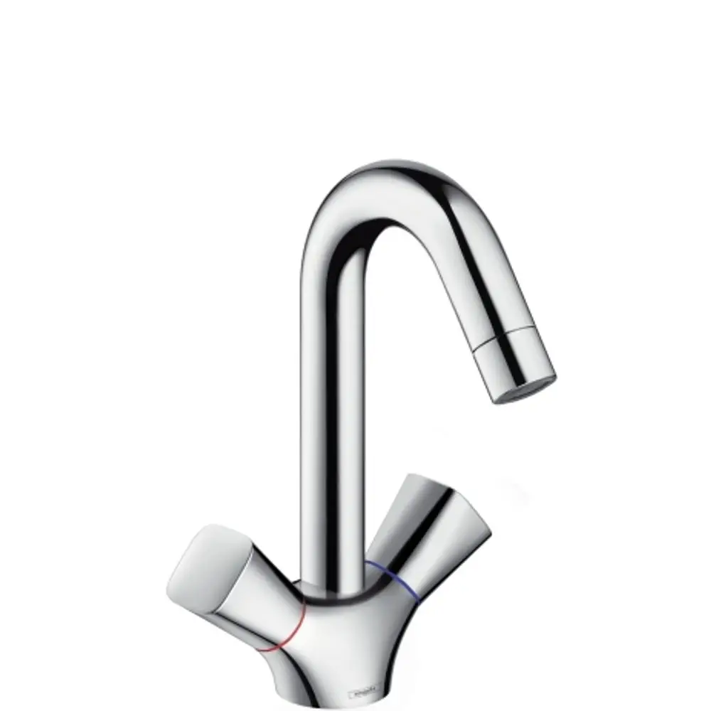 Waschtischarmatur von Hansgrohe mit zwei Griffen und einem geschwungenen Auslauf in Chromoptik. Die Steuerung erfolgt über die seitlichen Griffe für Warm- und Kaltwasser.